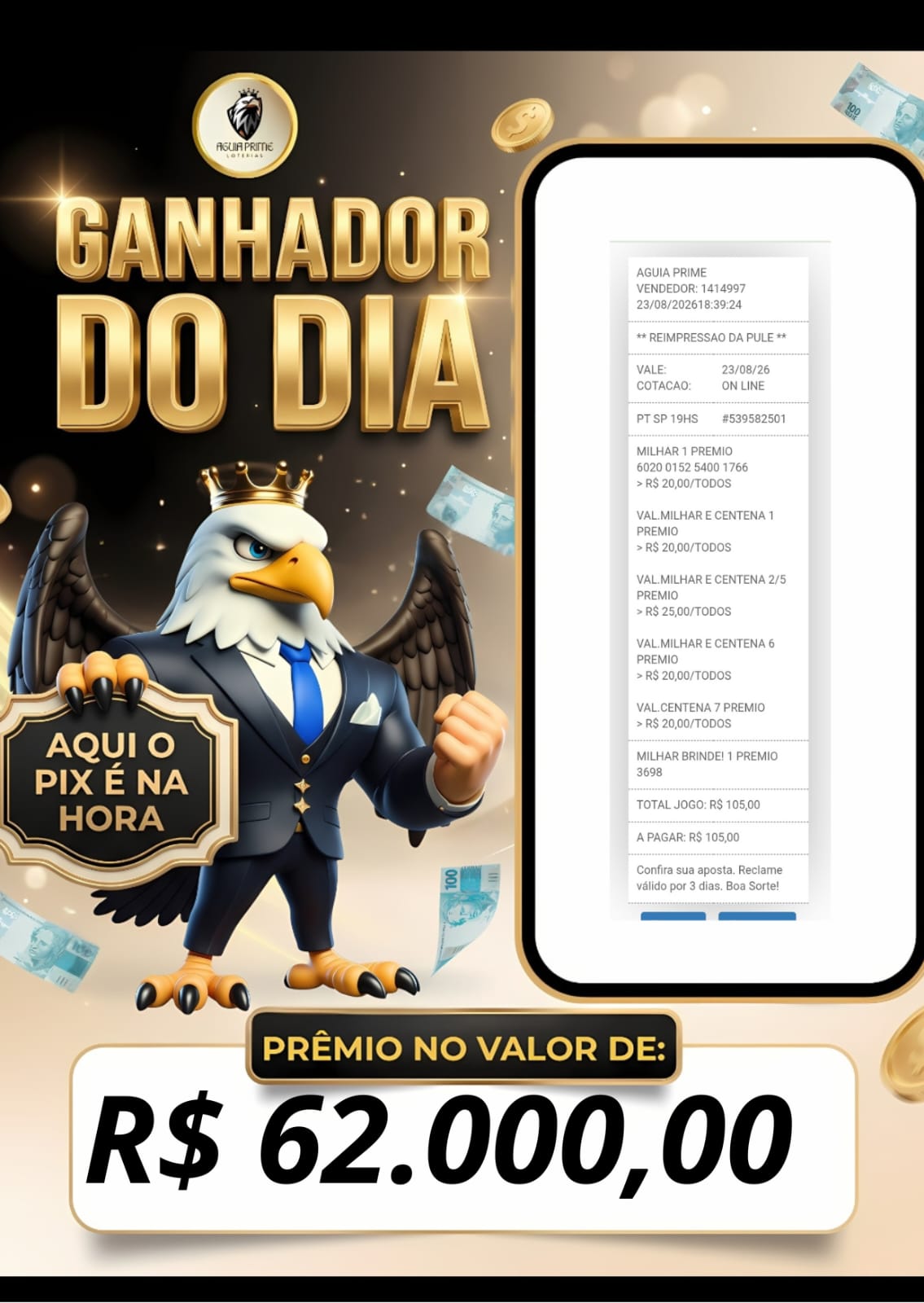 Comprovante de prêmio de R$ 62.000,00