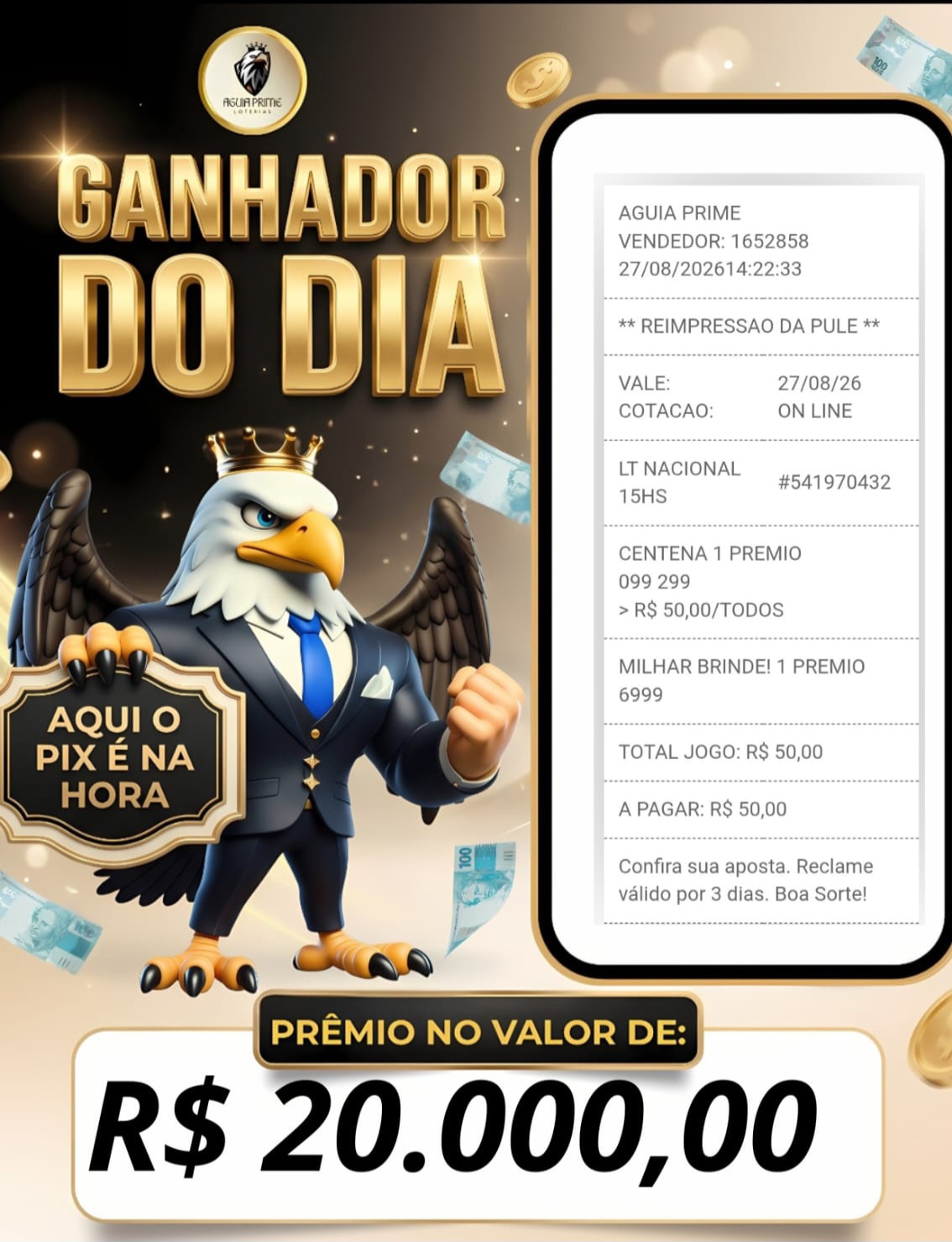 Comprovante de prêmio de R$ 20.000,00