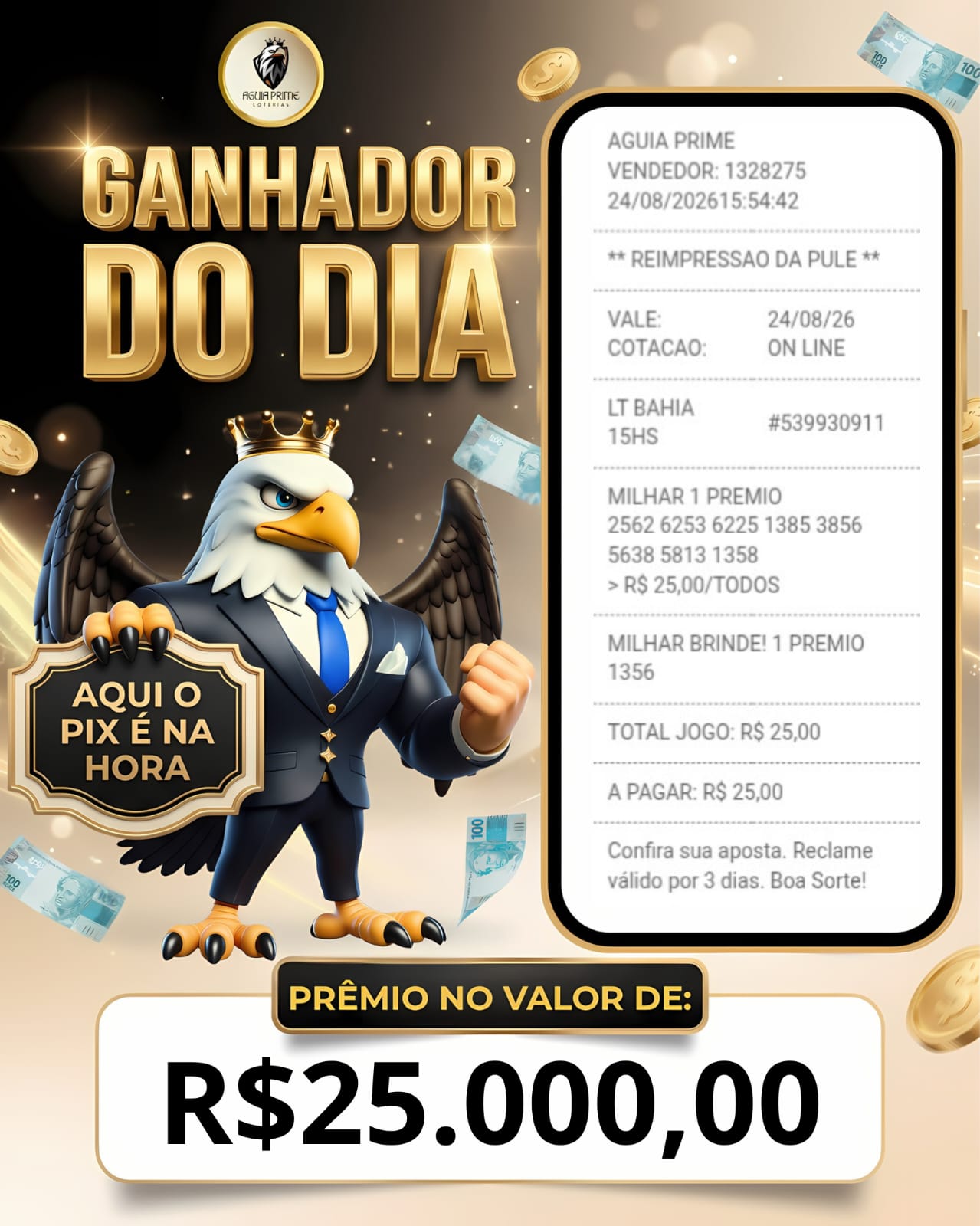 Comprovante de prêmio de R$ 25.000,00