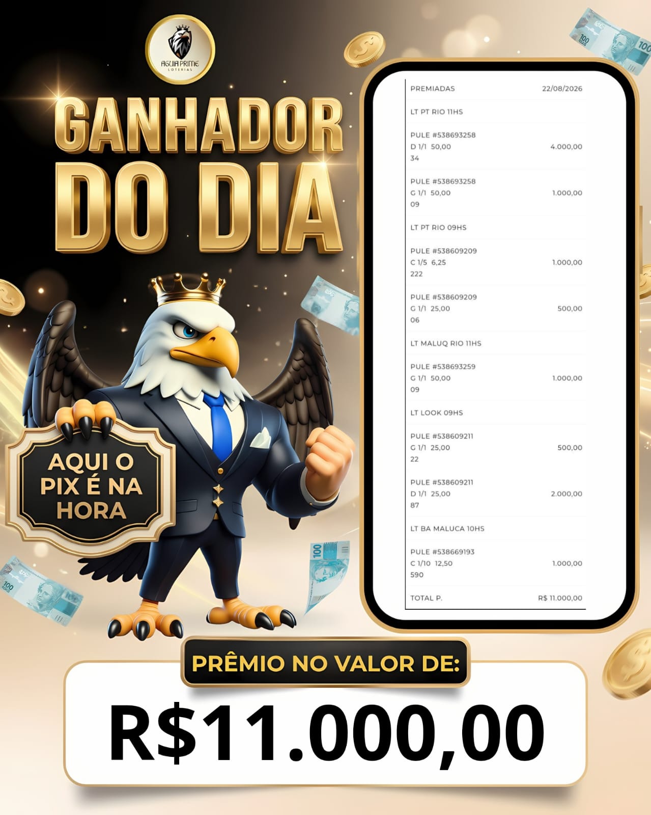 Comprovante de prêmio de R$ 11.000,00